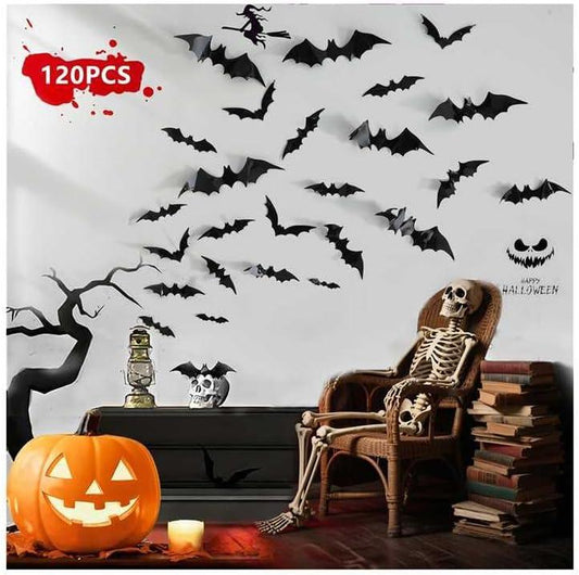 120 Pcs Halloween 3D Bat Decorations – Waterproof Wall & Window Stickers, Indoor/Outdoor Scary Party Supplies (4 Sizes, Black)