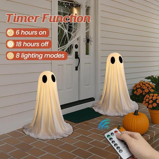 2 Pack Halloween Ghost Decorations with Remote String Lights – USB & Battery Powered Indoor Décor for Mantel, Shelf & Table