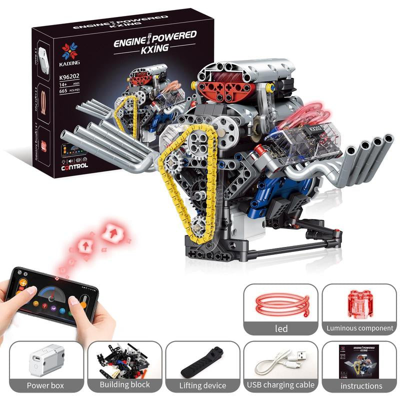 V8 Engine Building Blocks Kit – 665 PCS Mechanical Simulation Set with Motor & Programmable Remote Control