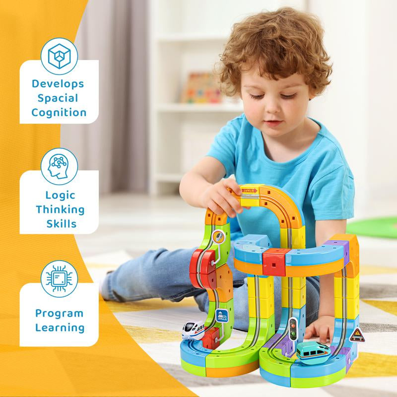Electric Train Set with Flexible Race Tracks – Gravity-Defying 3D Layout Building Toy with Motorized Car, STEM Learning Gift for Kids