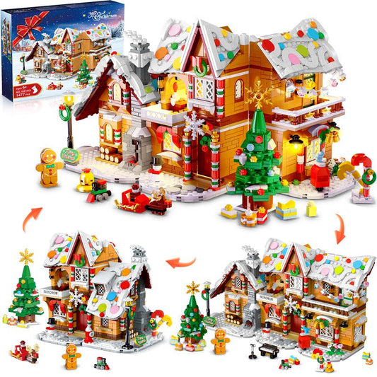 2025 Christmas Snowscape Village Building Set – Gingerbread House with LED Lights, Santa, Xmas Tree & Train, 1477 PCS, Gift for Kids & Adults 6+