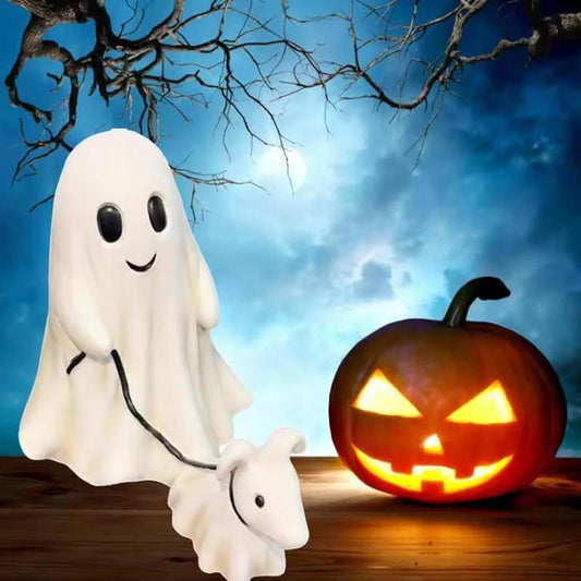 Ghost Walking Dog Statue – Cute Resin Figurine for Porch, Garden & Shelf, Indoor/Outdoor Spooky Halloween Decoration