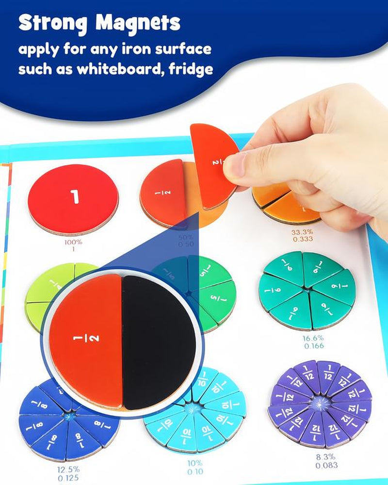 Magnetic Fraction Tiles & Circles Set with Demonstration Book, Visual Math Manipulatives for Elementary School, Hands-On Learning Tools for Fractions, Addition & Subtraction, Montessori & Homeschool Supplies, Gift