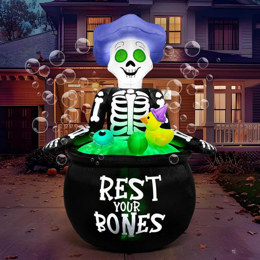 5 FT Halloween Inflatable Skeleton Cauldron with Bubble Machine & LED Lights – Outdoor Blow Up Yard Decoration