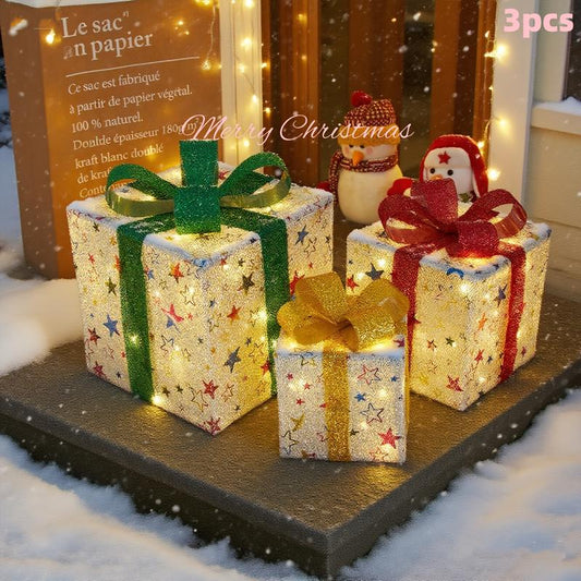 3 Piece Christmas Lighted Gift Box Set with Remote – Festive Ribbon Decorations with Warm Glow for Indoor/Outdoor Use