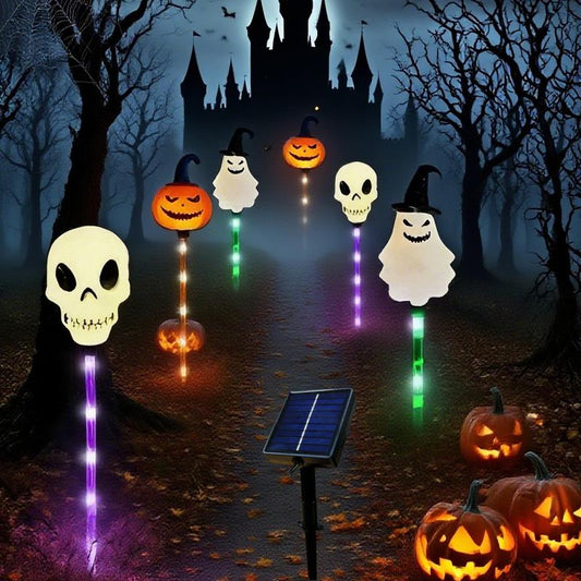 6 Pack Halloween Solar Pumpkin & Skull Lights – IP44 Waterproof Ground Stakes for Pathways, Lawns, Courtyards & Spooky Party Décor